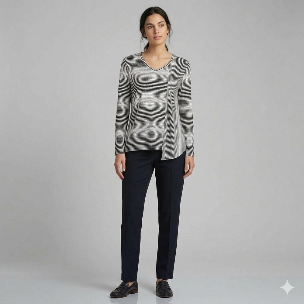 Habitat V Neck Assymetricql Black and Gray Striped Long Sleeve Top Size Med